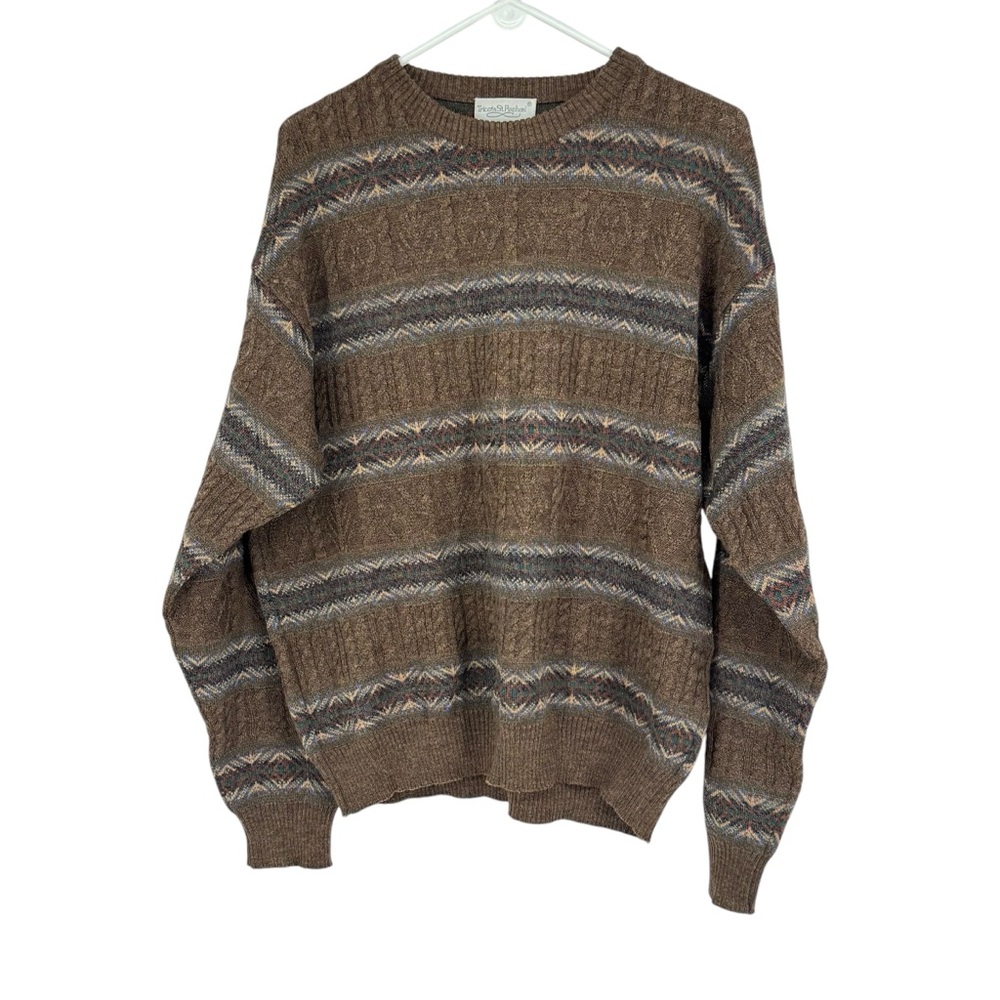 *Mens Tricot St Raphael XL Brown Print Merino Wool Crew Neck Grandpa Sweater
